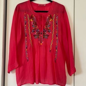 Johnny Was Embroidered Boho Blouse Pink Floral Long Sleeve Size M Women’s
